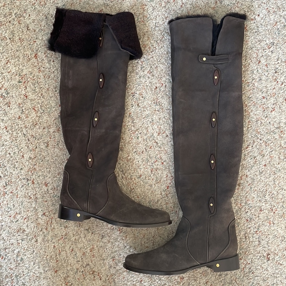 CELINE knee high suede boots w fur sz 37.5